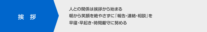 挨拶｜人との関係は挨拶から始まる朝から笑顔を絶やさずに『報告・連絡・相談』を早寝・早起き・時間厳守に努める